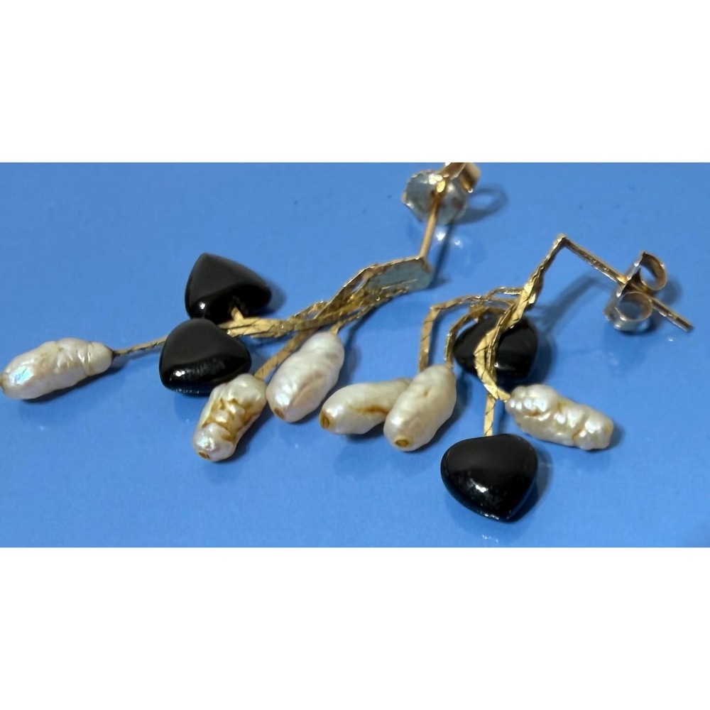 Vintage 14kt Gold Freshwater Pearl & Black Onyx Heart Dangle Drop Earrings